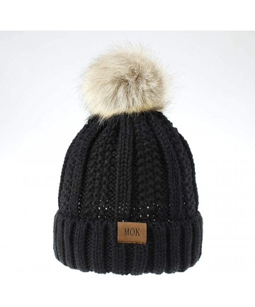 Beanies Hats Women Faux Fuzzy Fur Pom Poms Warm Cable Knit Hat for ...