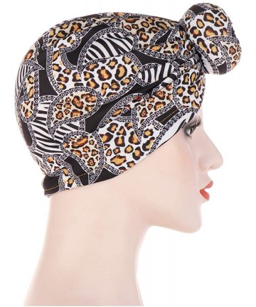 Skullies & Beanies Shiny Metallic Turban Cap Indian Pleated Headwrap Swami Hat Chemo Cap for Women - Yellow Leopard - CO18Z25...
