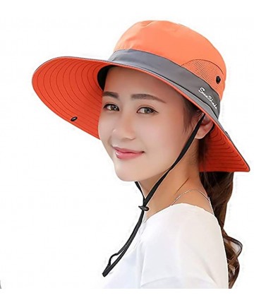 Sun Hats Women's Summer Mesh Wide Brim Sun UV Protection Hat with Ponytail Hole - Orange - CZ18W37SL8N $24.73