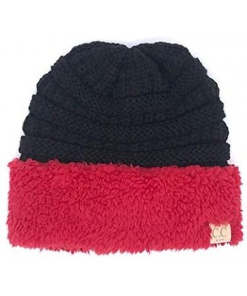 Skullies & Beanies C.C Unisex Soft Stretch Cable Knit Fuzzy Beanie Sherpa Trim - Black/Red - CH18RLQ6OO7 $14.51