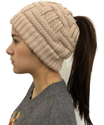 Skullies & Beanies Bun Beaines for Women Soft Stretch Cable Knit Messy High Bun Ponytail Beanie Hat - Plain-beige - CL18YRCZQ...