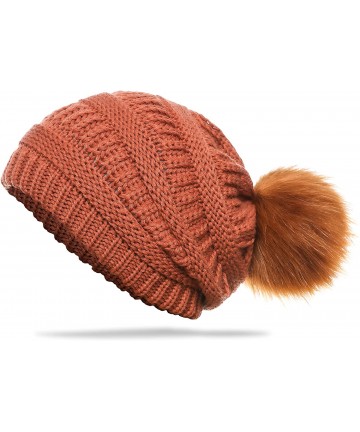 Skullies & Beanies Slouchy Winter Knit Beanie Cap Chunky Faux Fur Pom Pom Hat Bobble Ski Cap - Orange - CN18RNH9RZR $26.83