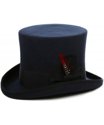 Fedoras Satin Lined Wool Top Hat with Grosgrain Ribbon and Removable Feather - Unisex- Men- Women - Navy - CQ18UQ4UU9S $65.72