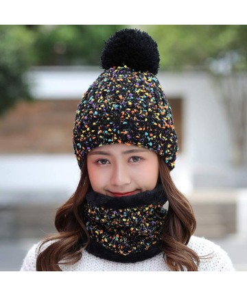 Skullies & Beanies Womens Winter Knit Beanie Hat Scarf Set Windproof Warm Fleece Lined Cap Girls Ski Hat with Pompom - Black ...