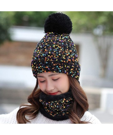 Skullies & Beanies Womens Winter Knit Beanie Hat Scarf Set Windproof Warm Fleece Lined Cap Girls Ski Hat with Pompom - Black ...