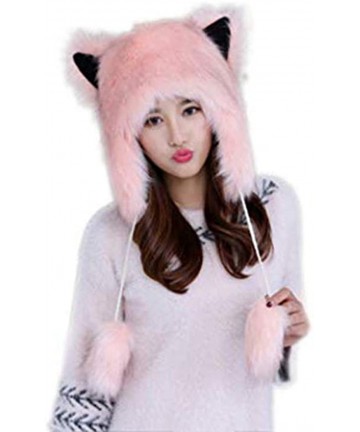 Skullies & Beanies Winter Faux Fur Hat Ear Warmer Cute Animal Hood Hat Cap for Womens Girls - Pink - CI18LL9LSTR $22.99