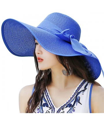 Sun Hats Beach Sun Hat for Women Bow-knot UV UPF 50+Travel Foldable Wide Brim Straw Hat - Blue - CG18QGTAIR6 $19.63