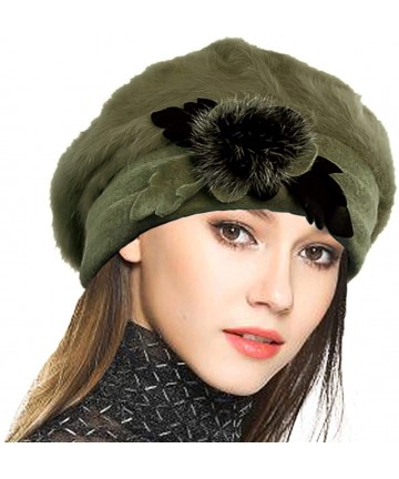 Berets Lady French Beret 100% Wool Beret Floral Dress Beanie Winter Hat - Angola-green - CX18XDKN952 $20.90