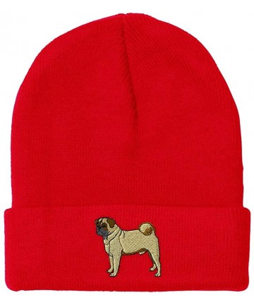 Skullies & Beanies Custom Beanie for Men & Women Pug Dog A Embroidery Acrylic Skull Cap Hat - Red - CH18ZRAZKL4 $26.43