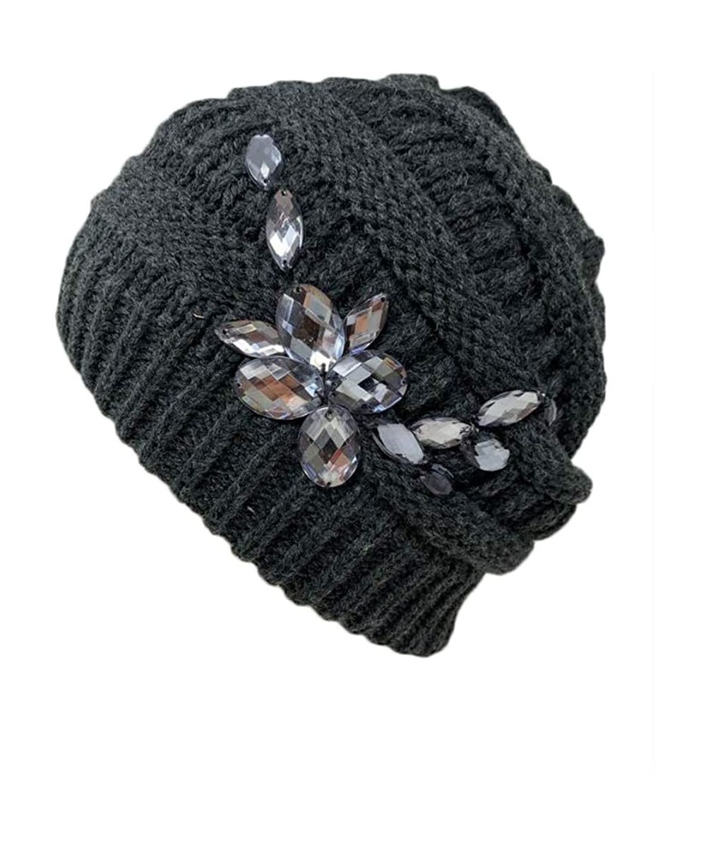 Skullies & Beanies Trendy Warm Chunky Soft Stretch Cable Knit Beanie with Stones - Gray - C618MC9NE4G $20.92