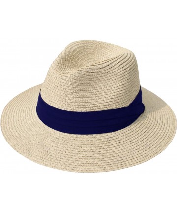 Sun Hats Women Straw Panama Hat Fedora Beach Sun Hat Wide Brim Straw Roll up Hat UPF 30+ - Beige Blue Ribbing - CA18TN6NG52 $...