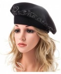 Berets Beret Hats for Women Rhinestones 2 Layers Wool French Hat Lady Winter Black Red - Black - CD187LUDYUA $24.04