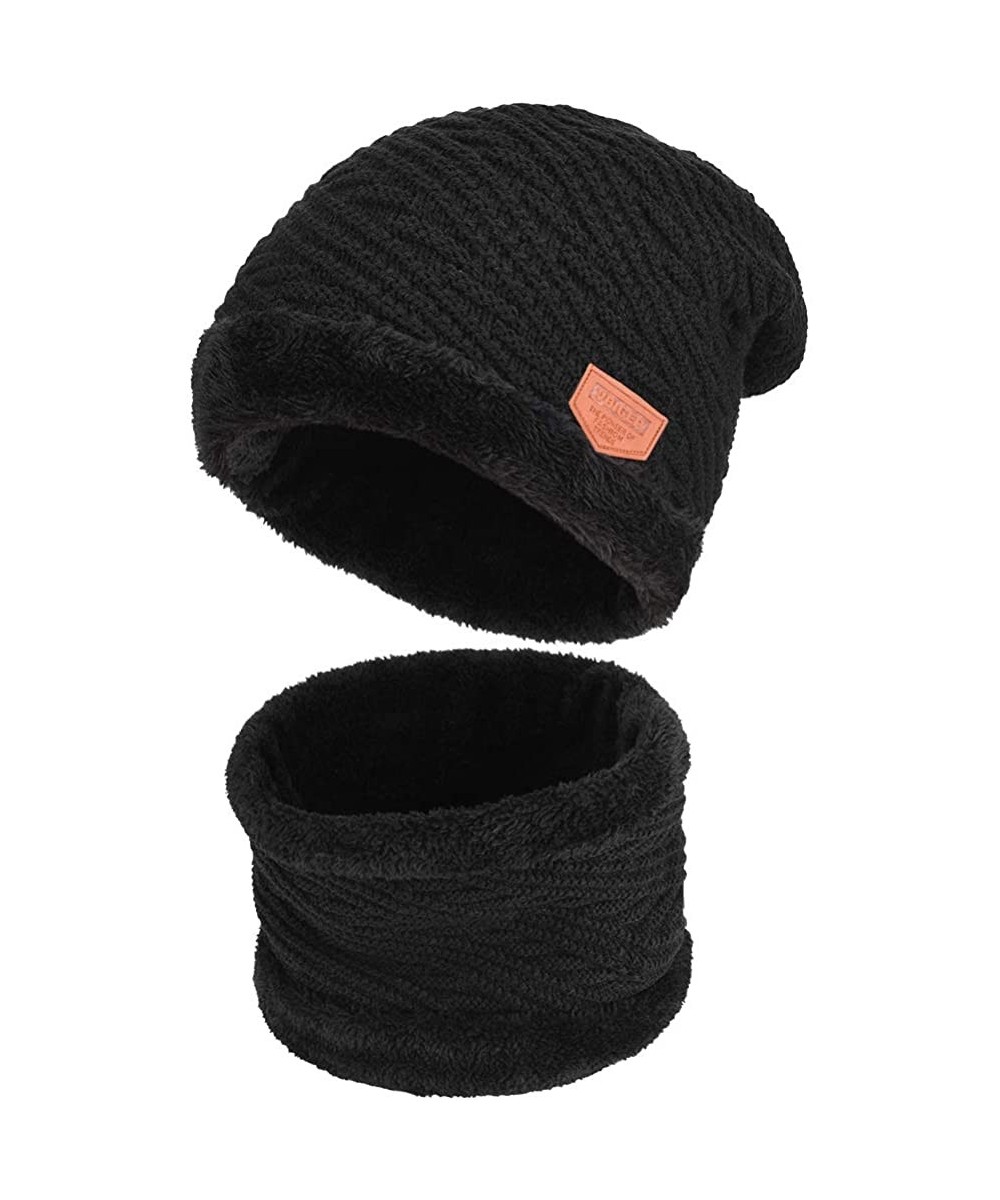 Skullies & Beanies 2-Pieces Winter Beanie Hat Scarf Set Warm Knit Hat Thick Knit Skull Cap for Men Women - H-black - CY18X6GO...