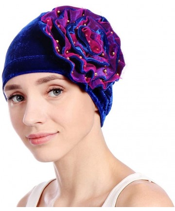 Skullies & Beanies Women Velvet Beading Flower Hat Cancer Chemo Beanie Cap - Blue - CV18HWK3C6Q $12.13