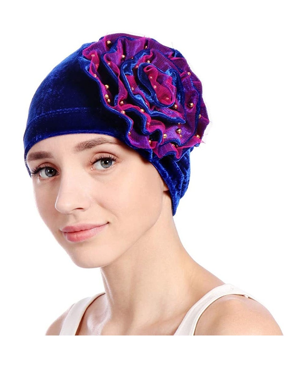 Skullies & Beanies Women Velvet Beading Flower Hat Cancer Chemo Beanie Cap - Blue - CV18HWK3C6Q $12.13