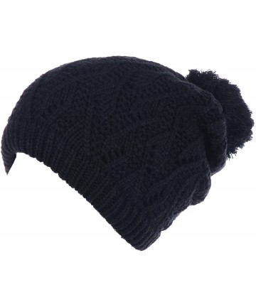 Skullies & Beanies Winter Big Pom Pom Beanie Hat Wool Blend Fleece Lined Color Block 2 Styles - Black Pom - CS18XXIN6W5 $21.83