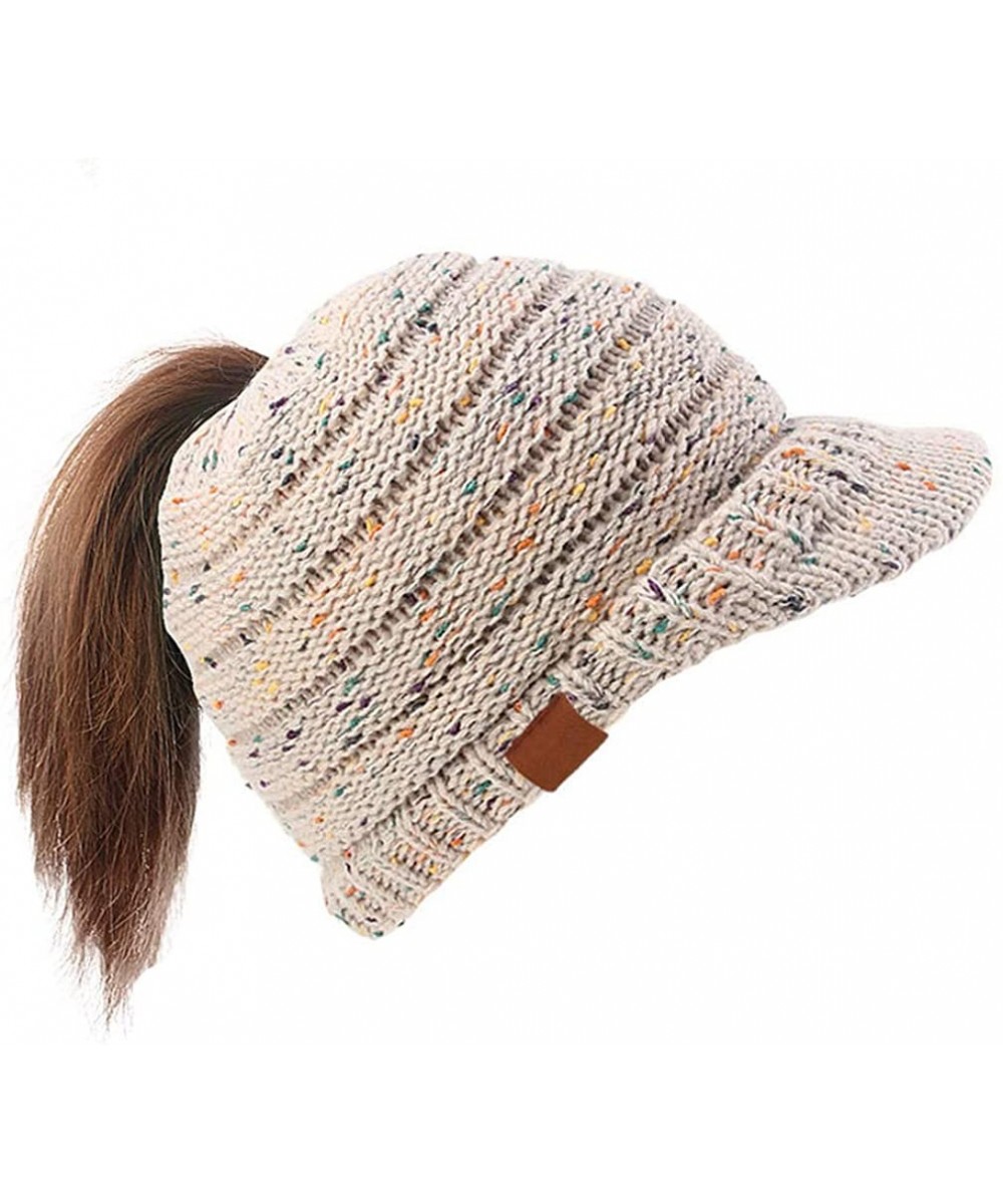 Skullies & Beanies Women's Warm Chunky Cable Knit Messy Bun Hat Ponytail Visor Beanie Cap - Confetti Khaki - CI18LNR977A $13.88