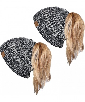Skullies & Beanies Women's Beanie Ponytail Messy Bun BeanieTail Multi Color Ribbed Hat Cap - 2 Pack - Two Black/Grey Mix - CX...
