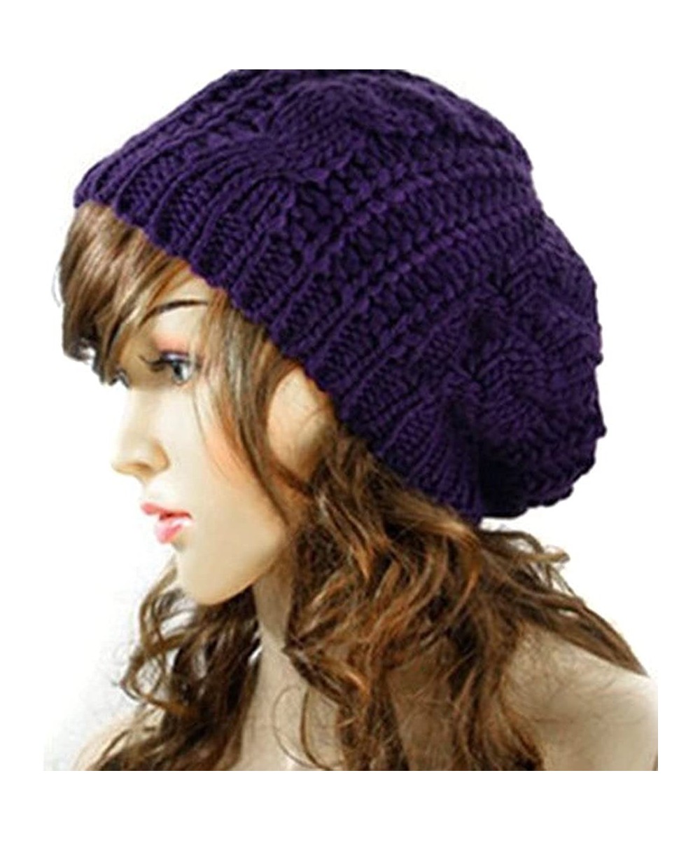 Skullies & Beanies Lady Winter Warm Baggy Beret Chunky Knitted Braided Beanie Hat - Purple - C111OAWIPQB $12.44