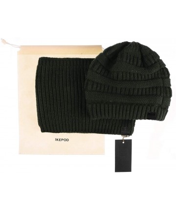 Skullies & Beanies Knit Hat Scarf Set - Merino Wool Winter Warm Beanie Circle Loop Scarves - 2 Set - Green - CV18INUOYDQ $47.63