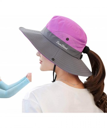 Bucket Hats Women's Outdoor Sun Protection Wide Brim Mesh Fishing Hat Bucket Hat with Ponytails - Purple - C718UITCY0G $17.88