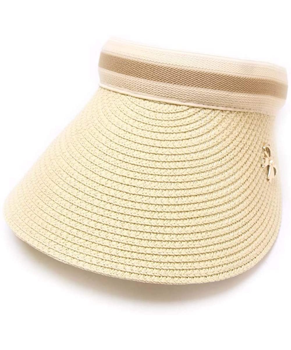 Sun Hats Women's Summer Foldable Straw Sun Visor w/Cute Bowtie UPF 50+ Packable Wide Brim Roll-Up Visor Beach Hat - CQ18X7MR9...