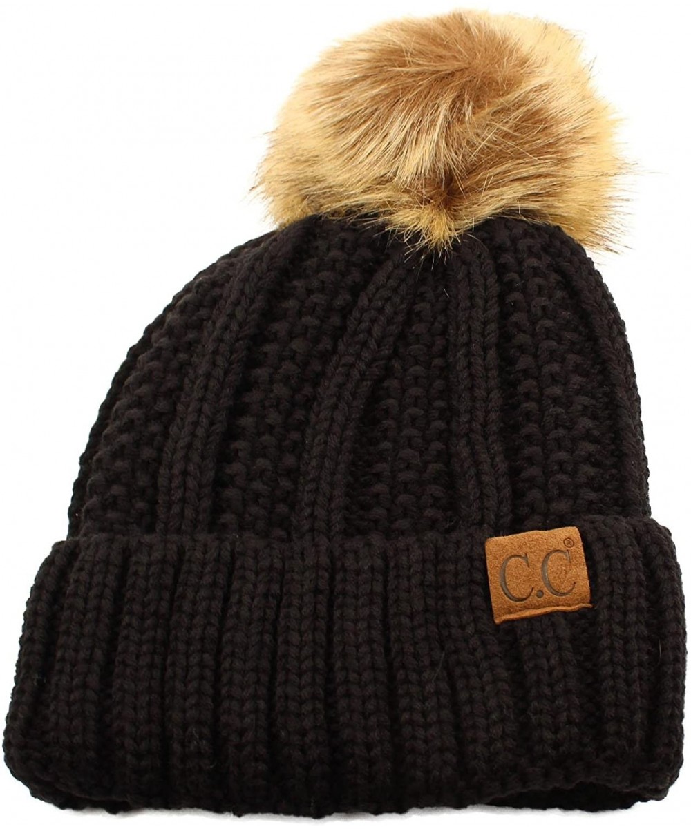 Skullies & Beanies Winter Sherpa Fleeced Lined Chunky Knit Stretch Pom Pom Beanie Hat Cap - Solid Black - CE18K32I5DX $22.19