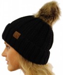Skullies & Beanies Winter Sherpa Fleeced Lined Chunky Knit Stretch Pom Pom Beanie Hat Cap - Solid Black - CE18K32I5DX $22.19