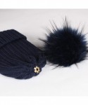 Skullies & Beanies Womens Winter Knitted Beanie Hat with Faux Fur Pom Fleece Lined Warm Beanie for Women - 11-navy - CF18UUHX...