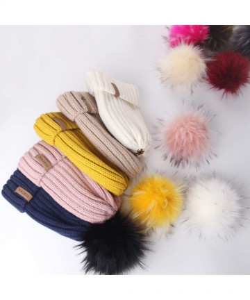 Skullies & Beanies Womens Winter Knitted Beanie Hat with Faux Fur Pom Fleece Lined Warm Beanie for Women - 11-navy - CF18UUHX...