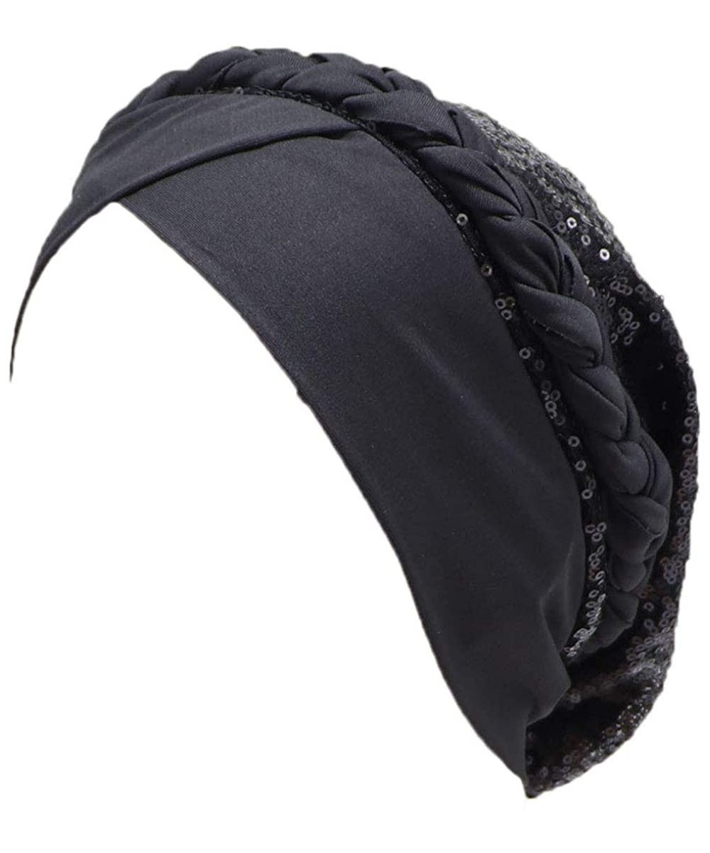 Skullies & Beanies Chemo Cancer Braid Turban Cap Ethnic Bohemia Twisted Hair Cover Wrap Turban Headwear - Sequins Circle Blac...
