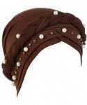 Skullies & Beanies Women Hijab Beading Pearl Braid Turban Hat Head Scarf Cancer Chemo Beanies Bandana Headwrap Cap - Brown - ...