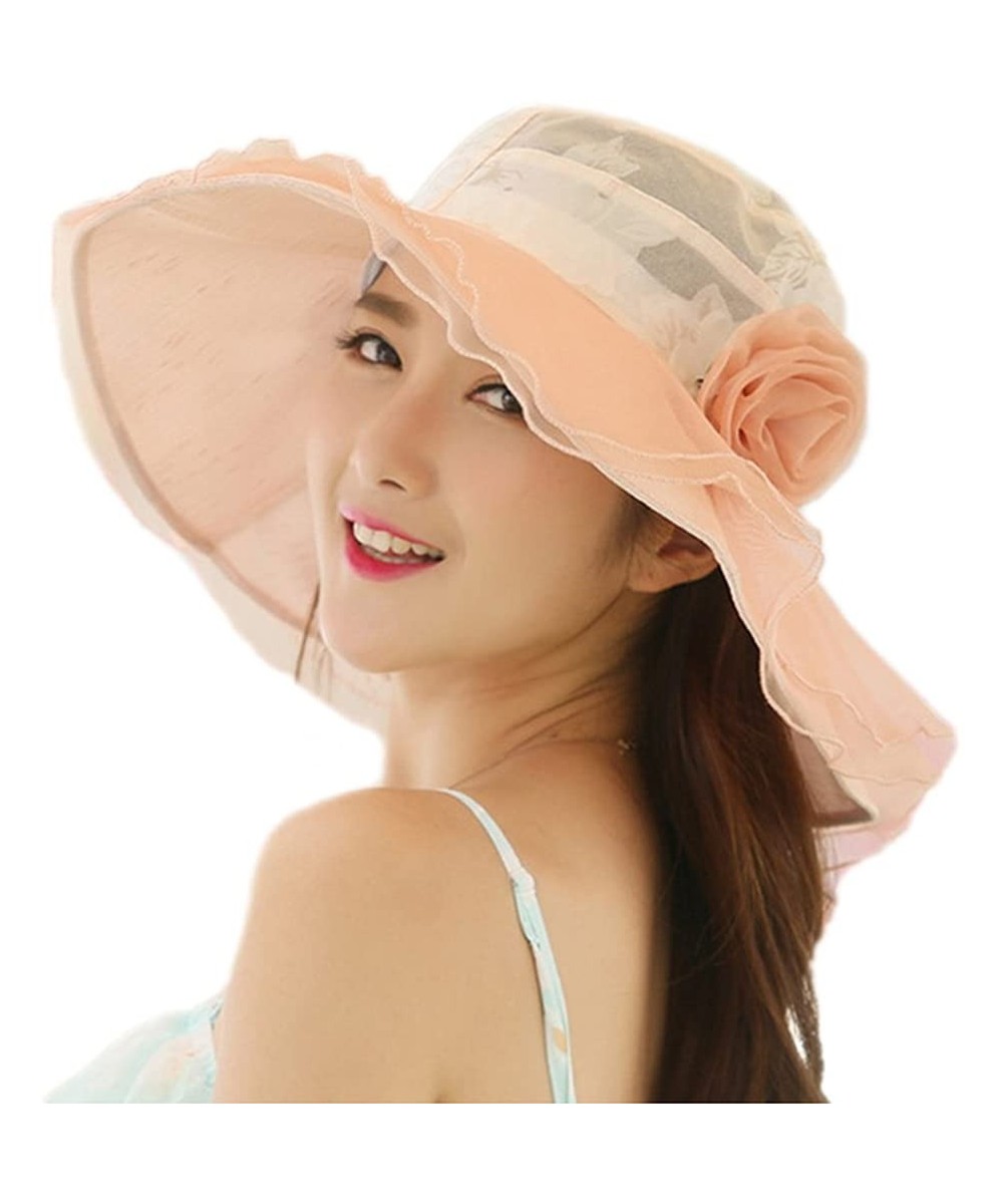 Sun Hats Womens Kentucky Derby Hats Summer Anti-UV Lace Flounce Sun Hats Wide Brim - Pink - CX12NT4Y78D $49.65