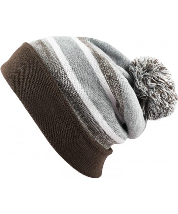 Skullies & Beanies Winter Soft Unisex Cuff Pom Pom Stripe Knit Beanie Skull Slouch Hat - Brown-grey - C818IT4CA3K $16.00