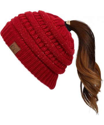 Skullies & Beanies Messy Bun Ponytail Magic Magic Sequin Beanie Hat Bundle Hair Tie (MB-730) - Red - CR18I535L4O $18.89