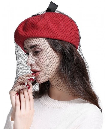 Berets Women's Franch Inspired Wool Felt Beret Hat with Veil Cocktail Hat - Bow-red - CU187QCWMG7 $16.28