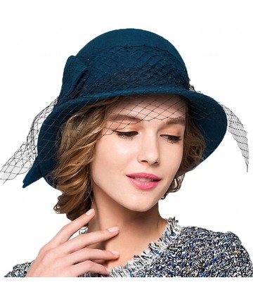 Fedoras Women's Vintage Fedoras Wool Felt Veil Hat - Blue - C7128NIYJDL $38.35