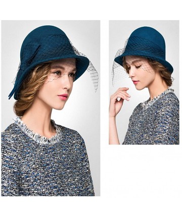 Fedoras Women's Vintage Fedoras Wool Felt Veil Hat - Blue - C7128NIYJDL $38.35