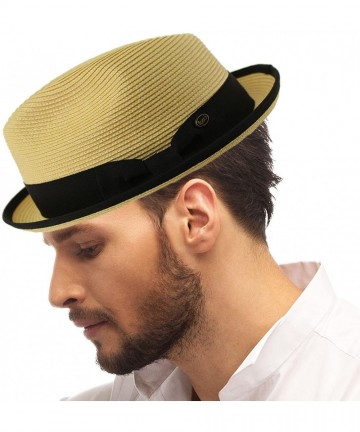 Fedoras Men's Classy Travel Crushable 2tone Derby Fedora Upturn Curl Brim Hat - Natural - CC18CHCAS7D $38.36