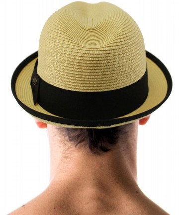 Fedoras Men's Classy Travel Crushable 2tone Derby Fedora Upturn Curl Brim Hat - Natural - CC18CHCAS7D $38.36