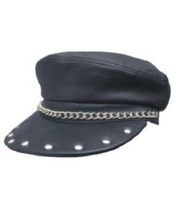 Baseball Caps Genuine Solid Leather Black Leather Biker Captain Cap Hat with Studs Annd Chains - C611E8Z8CSH $28.82