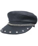 Baseball Caps Genuine Solid Leather Black Leather Biker Captain Cap Hat with Studs Annd Chains - C611E8Z8CSH $28.82