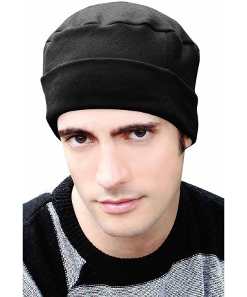Skullies & Beanies Cancer Patient Hats for Men - Cotton Cuff Cap - Black - CF125J5JPUN $38.69