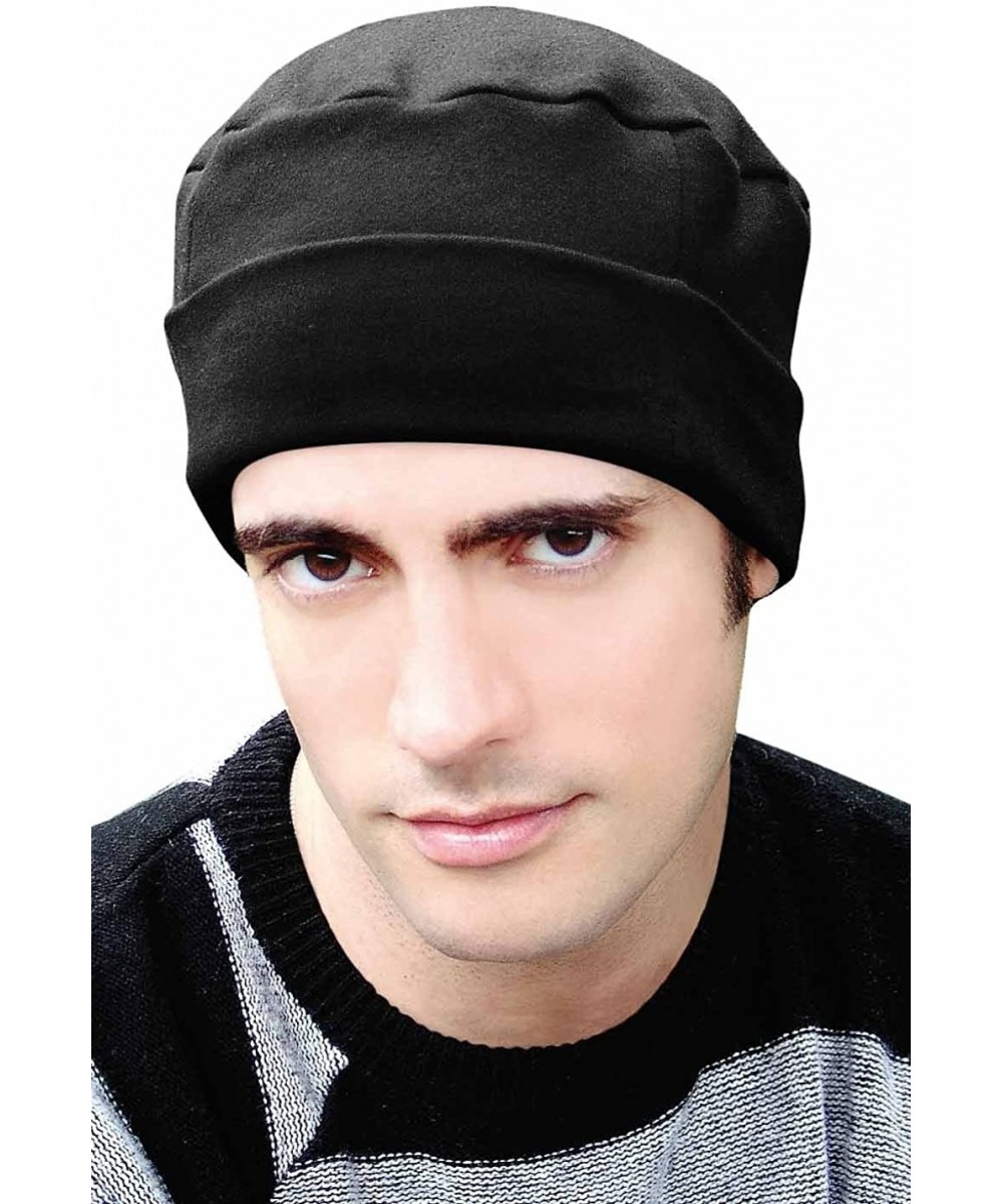 Skullies & Beanies Cancer Patient Hats for Men - Cotton Cuff Cap - Black - CF125J5JPUN $27.04