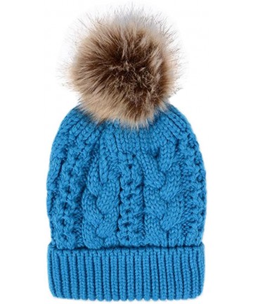 Skullies & Beanies Women's Faux Fur Pom Pom Fleece Lined Knitted Slouchy Beanie Hat Cap - Blue - CR1299E62AP $32.18