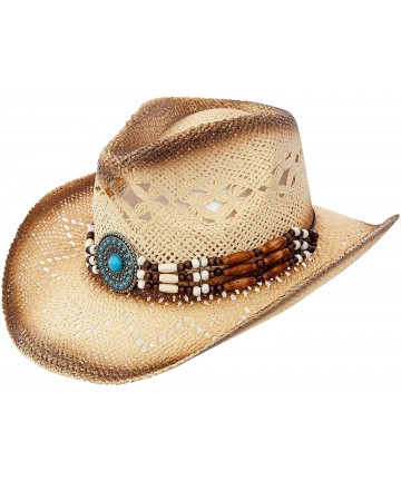 Cowboy Hats Men & Women's Woven Straw Cowboy Cowgirl Hat Western Outback w/Wide Brim - Turquoise Stone - CZ19572UO8I $53.51