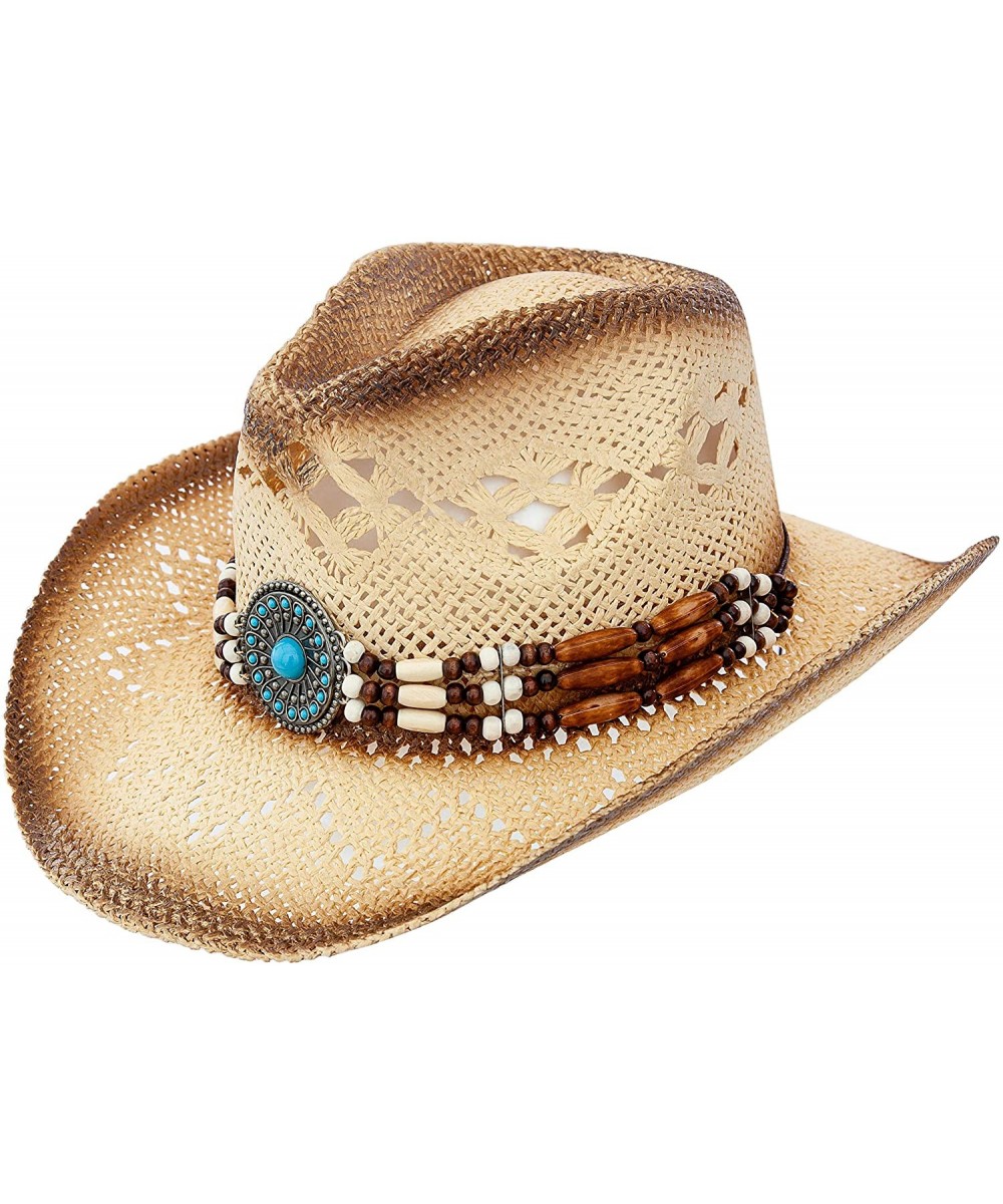 Cowboy Hats Men & Women's Woven Straw Cowboy Cowgirl Hat Western Outback w/Wide Brim - Turquoise Stone - CZ19572UO8I $36.31
