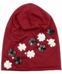 Skullies & Beanies Spaikling Pearl Hat Slouch Beanie Cap with Black White Flowers - Wine Red - C918D9IXXEM $22.88
