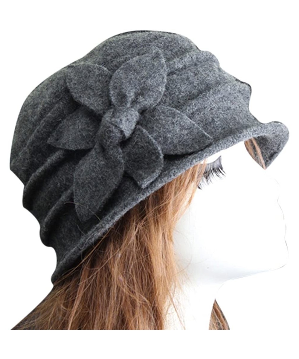 Skullies & Beanies Women 100% Wool Felt Round Top Cloche Hat Fedoras Trilby with Bow Flower - A6 Dark Grey - C3188A3CA8I $22.95