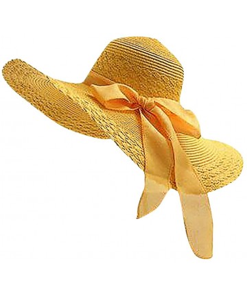 Sun Hats Women Big Bowknot Straw Hat UV Protection Beach Cap Sun Hats Floppy Foldable Roll up - Yellow - CB18SKAX4TW $17.19